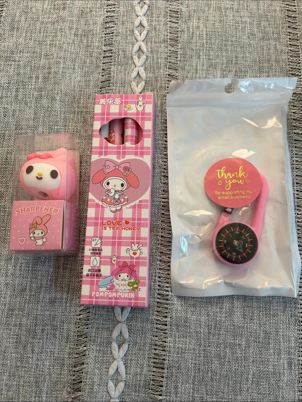 Pink Kids Clip-On Compass, Pen Set, and Pencil Sharpener